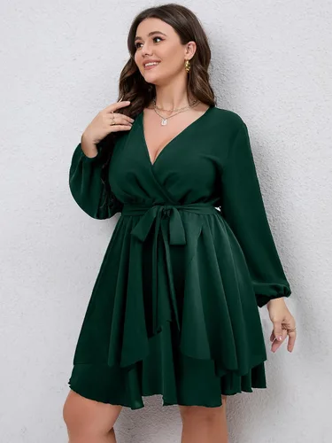 Vista 3 de SCOMCHIC Vestido de talla grande para mujer, manga larga, cuello en V, lazo en la cintura, volantes, acampanado, mini vestidos cortos con vuelo