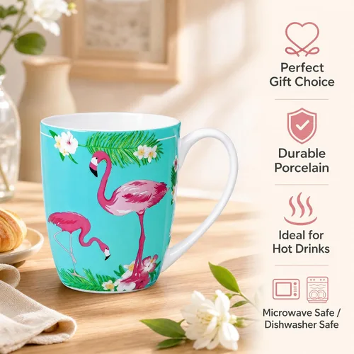 Vista 2 de Taza de porcelana de hueso flamenco de 12.5 oz con plantas tropicales Porcelana de hueso ligera, ideal para los amantes del flamenco, taza de café