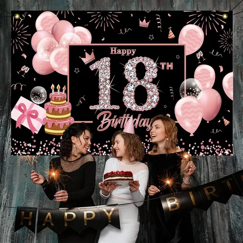 Vista 3 de Pancarta de fondo de cumpleaños número 18, color negro y rosa, 5.9 x 3.6 pies, fondo de cabina de fotos para niñas, adolescentes, fiestas de género