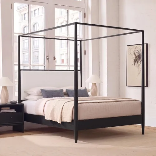 Vista 18 de Cama de plataforma con dosel de 4 pósteres de tamaño matrimonial con cabecero de listones verticales Negro-8.1
