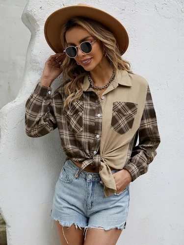 Vista 2 de HOTOUCH Camisa de franela de algodón de manga larga enrollable para mujer, ajuste clásico, con botones, con bolsillos