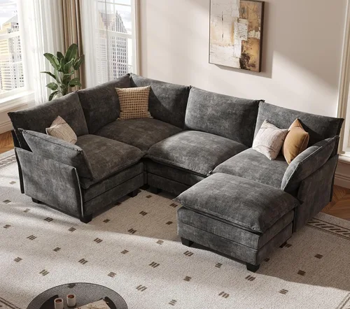 Vista 33 de KKL Sofá Cama Seccional Modular, Sofá Cama Convertible Seccional en Forma de L de 4 Plazas con Otomana, Sofá Nube de Chenilla Seccional para Sala