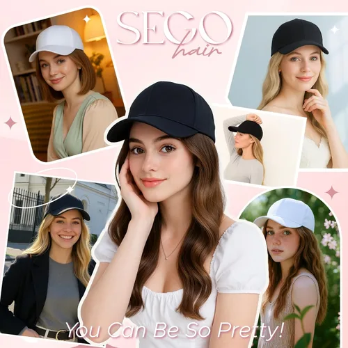 Vista 6 de SEGO Peluca de sombrero, sombrero con cabello adjunto para mujer, gorra de béisbol negra con extensiones de cabello, gorra de béisbol corta