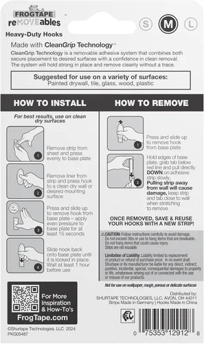 Vista 12 de Ganchos adhesivos de pared resistentes FrogTape reMOVEables, sin daños, fáciles de quitar y reutilizar, incluye 2 ganchos y 4 tiras para colgar