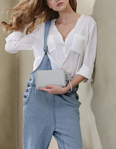 Vista 2 de UTO Cartera RFID para mujer, bolso cruzado para teléfono celular para mujer, tarjetero de viaje de moda, cartera de mano con 2 correas, 1266 Gris