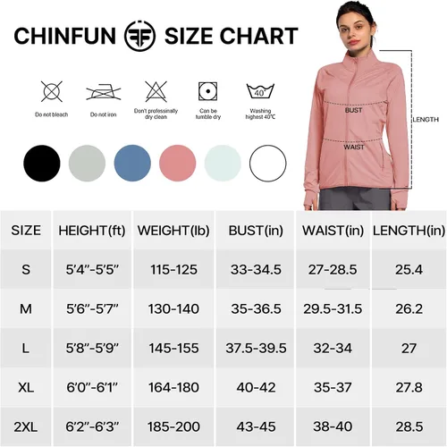 Vista 6 de ChinFun Chaqueta con capucha y protección solar para mujer, UPF 50+, con cremallera completa, manga larga, para correr, senderismo, rendimiento
