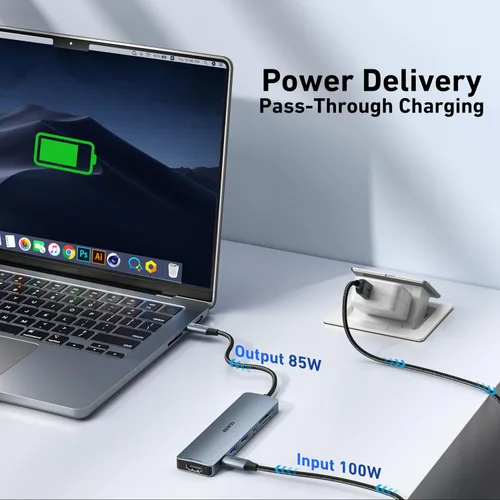 Vista 4 de BENFEI Concentrador USB C 7 en 1 con HDMI (4K@60Hz), 2 USB-A, 1 USB-C de datos, carga de 100W, lector de tarjetas SD/TF, cable sin enredos