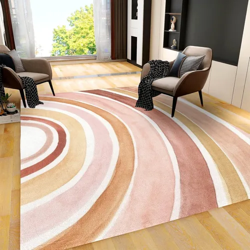 Vista 2 de Alfombra de entrada colorida arcoíris de 2 x 3 pies para baño, alfombra bohemia de mediados de siglo, abstracta de pelo bajo, tapete pequeño