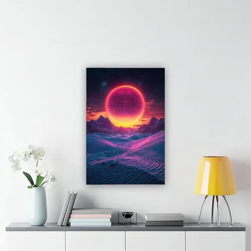 Vista 6 de Synthwave Wall Art Print – Neon Retro Sunset with Minimal Moon, Perfect for Office Or Studio Decor Poster Print Decorative Painting Canvas Wall Art