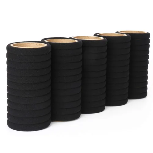 Vista 3 de 50 ligas negras para el cabello para mujer, bandas de algodón sin costuras, soportes elásticos para cola de caballo, no dañan el cabello grueso, 2