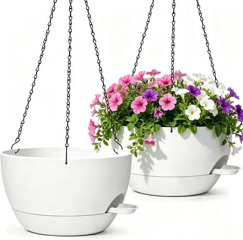Vista 11 de Macetas colgantes de 10 pulgadas con cadenas, juego de 2, macetas auto-regables de plástico negro para plantas de interior y exterior, decoración