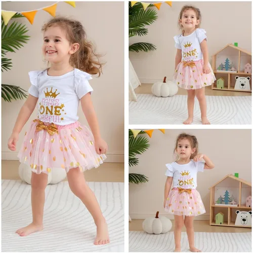 Vista 3 de Conjunto de ropa para bebé niña de primer cumpleaños con falda tutú con diadema