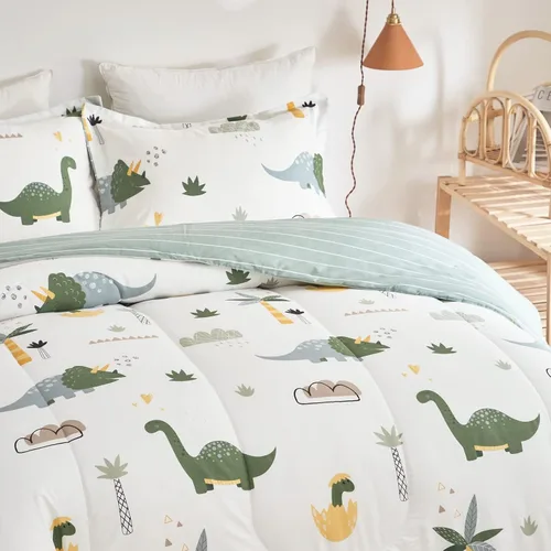 Vista 6 de Juego de edredón de algodón de dinosaurio para niños y niñas, edredón de algodón de 3 piezas, tamaño individual, diseño de dinosaurios verdes Dino