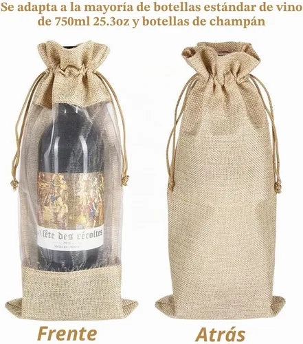 Vista 3 de HRX Package 10 piezas de bolsas de vino de arpillera con ventana transparente, bolsas de regalo de botella de tela de arpillera con cordón