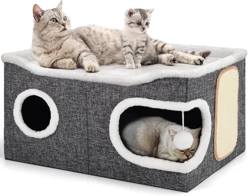 Vista 17 de Casa de Gato de 2 Pisos para Gatos de Interior, Separable en 2 Grandes Camas de Gato Cueva con Condominios Escondidos, Almohadillas para Rascar