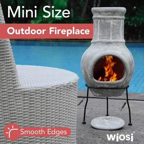 Vista 2 de Wiosi Chiminea Pequeña Chimenea Exterior Gris – Chimineas de Arcilla con Tapas de Lluvia para Chimenea y Soportes de Metal Sólido – Mini Chimenea