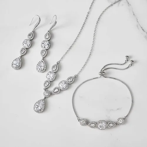 Vista 4 de SWEETV Juego de 3 joyas de novia de circonita cúbica para boda, collar de cristal, aretes colgantes, pulseras para mujeres, disfraces de graduación