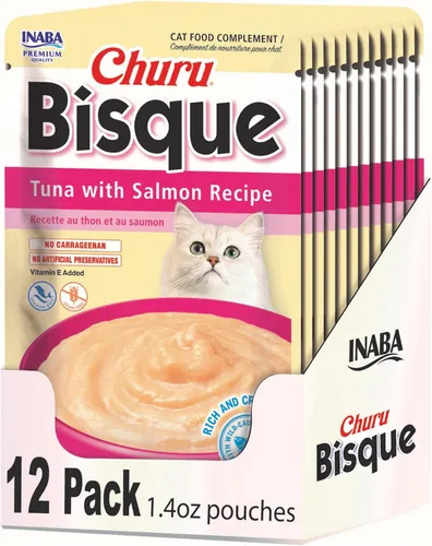 Vista 19 de INABA Churu Bisque para gatos mayores de 10 años, Puré cremoso en sobre, 1.4 onzas por sobre, 12 sobres en total, Receta de atún con salmón