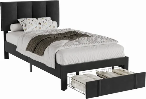 Vista 9 de VECELO Base de cama de tamaño individual con cajón de almacenamiento, base de cama de plataforma resistente con cabecera y fuerte soporte de Negro