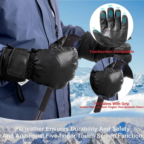 Vista 5 de Guantes de esquí para hombres y mujeres, guantes de nieve cálidos impermeables para clima frío, guantes de snowboard para pantalla táctil