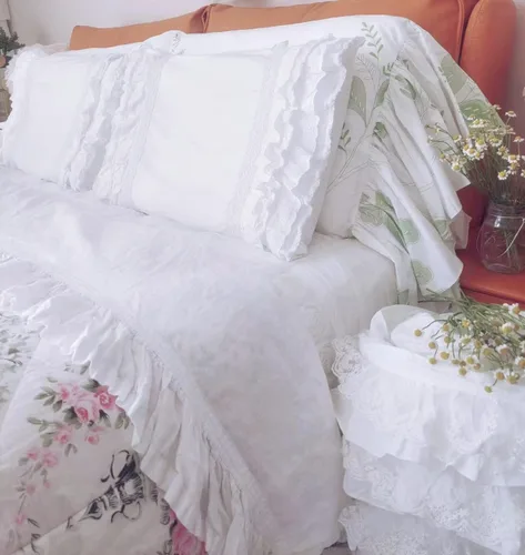 Vista 3 de Queen's House Fundas de Almohada Blancas de Encaje Bordado de Algodón Vintage con Volantes Tamaño Estándar Juego de 2