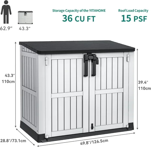Vista 7 de YITAHOME Cobertizo de herramientas de resina gris claro, 36 pies cúbicos de almacenamiento horizontal impermeable para exteriores, cobertizo