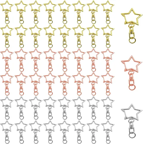 Vista 9 de 30 piezas de clip de llavero con resorte en forma de estrella, cierre giratorio de metal con hebilla colgante de cadena con conector de anillo