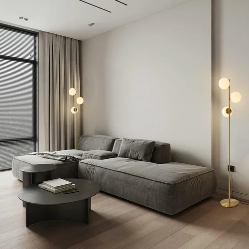Vista 7 de Lámpara de pie moderna de mediados de siglo, lámpara de pie dorada de 3 luces con pantalla de vidrio Whithe, lámpara LED de poste alto para sala