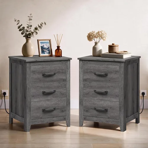 Vista 15 de VASAGLE Colección LIRY - Mesita de noche de estilo granja con estación de carga, mesa de cabecera, mesa auxiliar con 2 cajones, compartimento