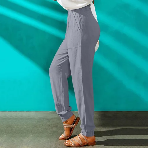 Vista 3 de Stessotudo Pantalones de verano para mujer, cintura alta, pantalones de lino recortados con bolsillos, ajuste holgado, pantalones casuales fruncidos