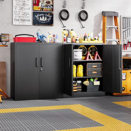 Vista 5 de Letaya Armarios de Almacenamiento de Metal con Cerradura, Pequeños Armarios de Acero con 2 Puertas y Estantes Ajustables para Hogar, Oficina, Negro