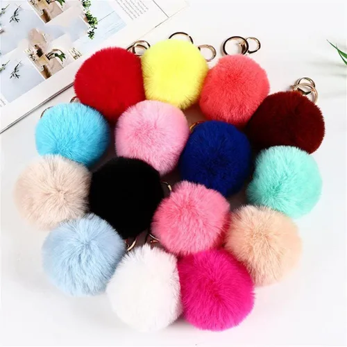Vista 2 de Llavero de pompón colorido de piel sintética de conejo, llavero de automóvil, pompones de felpa suave, llavero de bolso, Felpa, Felpa