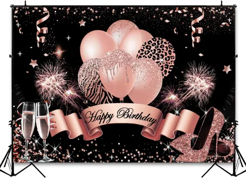 Vista 3 de InMemory Telón de fondo de cumpleaños de oro rosa para mujeres y niñas, fondo de fotografía de feliz cumpleaños, globos con purpurina, tacones