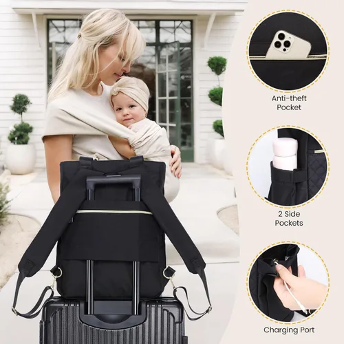 Vista 6 de LOVEVOOK Mochila para pañales con bolsillos aislados, bolsa de bebé para niñas y niños con cambiador, bolsa de pañales grande con funda para Negro