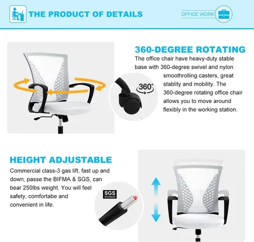 Vista 5 de TTY Store Silla de oficina de malla para el hogar, silla de escritorio ergonómica con soporte lumbar, reposabrazos ejecutivo, ajustable, giratoria
