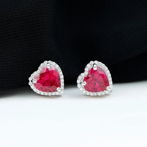 Vista 6 de 3.5 CT Lab Created Ruby and Moissanite Earrings, Created Ruby Stud Earrings with Moissanite Halo, Created Ruby Heart Stud Earrings, 14K Solid Gold