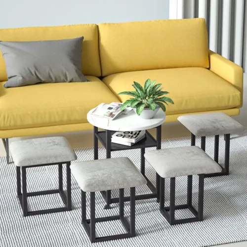 Vista 4 de Mesa de comedor combinada 5 en 1 con 4 taburetes, mesa auxiliar anidable que ahorra espacio, taburete otomano apilable, reposapiés, sofá y mesa