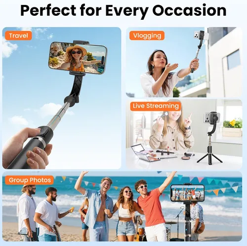 Vista 13 de Estabilizador de cardán para smartphone, cardán de mano de equilibrio automático de 1 eje, trípode extensible giratorio de 360°, control remoto Negro
