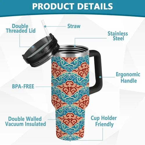 Vista 4 de Botellas de agua reutilizables al vacío con diseño de nube de cultura china, tapa a prueba de fugas y pajita, taza de té decorativa para agua, té