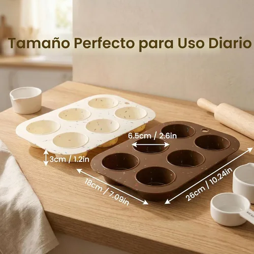 Vista 3 de Juego de 2 moldes de silicona para magdalenas para hornear, molde de cupcake antiadherente de tamaño regular, molde de muffin de silicona de 6 tazas