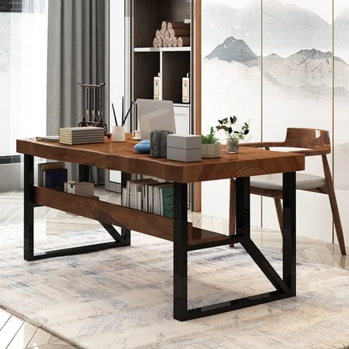 Vista 5 de Escritorio de madera maciza para computadora, escritorio de estudio resistente, estación de trabajo con patas de metal, fácil de montar