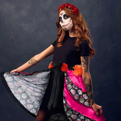 Vista 7 de Día de los Muertos Halloween con lazo en falda bulliciosa accesorios de disfraz Día de los Muertos lindo vestido de calavera para mujeres Senorita