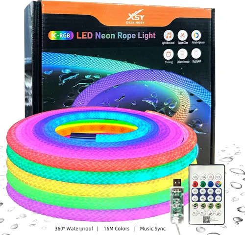 Vista 11 de Luces de cuerda LED de neón de 6.56 pies, luces impermeables con sincronización de música con control remoto y APP, alimentadas por USB, iluminación