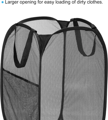 Vista 4 de PATIKIL Cesta de malla para lavandería, bolsa plegable con asas para lavandería, viajes, color negro