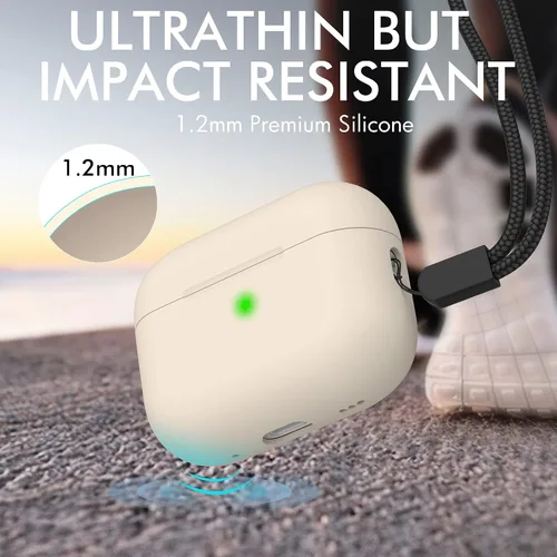 Vista 5 de NIUTRENDZ Funda para AirPods Pro 2 2022, funda protectora delgada de silicona que absorbe los golpes con cordón [LED frontal visible] (beige)
