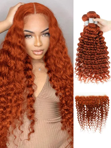 Vista 50 de Cabello Humano Rizado Castaño Rojizo, Trama Gruesa Castaño Cobrizo Rojo Coloreado Ondas Profundas Paquetes Individuales Cabello Humano 12A Tejido