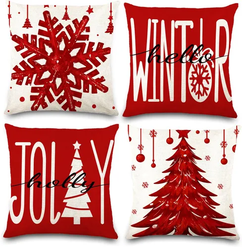 Vista 13 de DIYDEC - 4 fundas de almohada de Navidad de 18 x 18 pulgadas, fundas de almohada de invierno con diseño de árbol de Navidad, sombrero de árbol