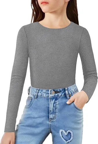 Vista 9 de Arshiner Camisas de punto acanalado de manga larga para niñas, suaves, ajustadas, cuello redondo, casual, capa base Blanco