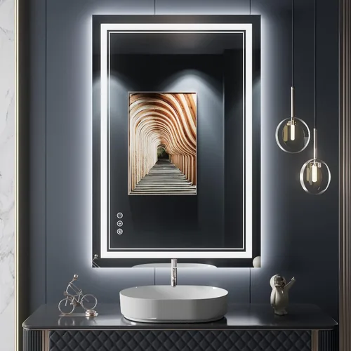 Vista 59 de Espejo de baño LED de 24 x 28 pulgadas, luz frontal y retroiluminada, antiniebla, regulable, espejo de tocador iluminado con memoria, espejo LED