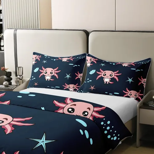 Vista 4 de Axolotl Funda de Edredón 100% Algodón Tamaño Twin Lindo Juego de Ropa de Cama de Axolotl Funda de Edredón Kawaii Funda de Edredón de Animales